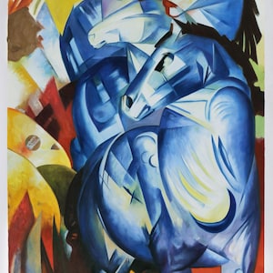 The Tower of Blue Horses - Franz Marc hand-painted oil painting reproduction, abstract rock rainbow crescent moon landscape, muscular steed