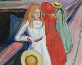 橋の上の3人の少女 - エドヴァルド・ムンク手描きの油絵のレプリカ、川