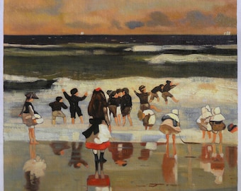 Beach Scene (Children in the Surf) - Winslow Homer hand-painted oil painting reproduction,seashore bathers,children reflections on wet sand