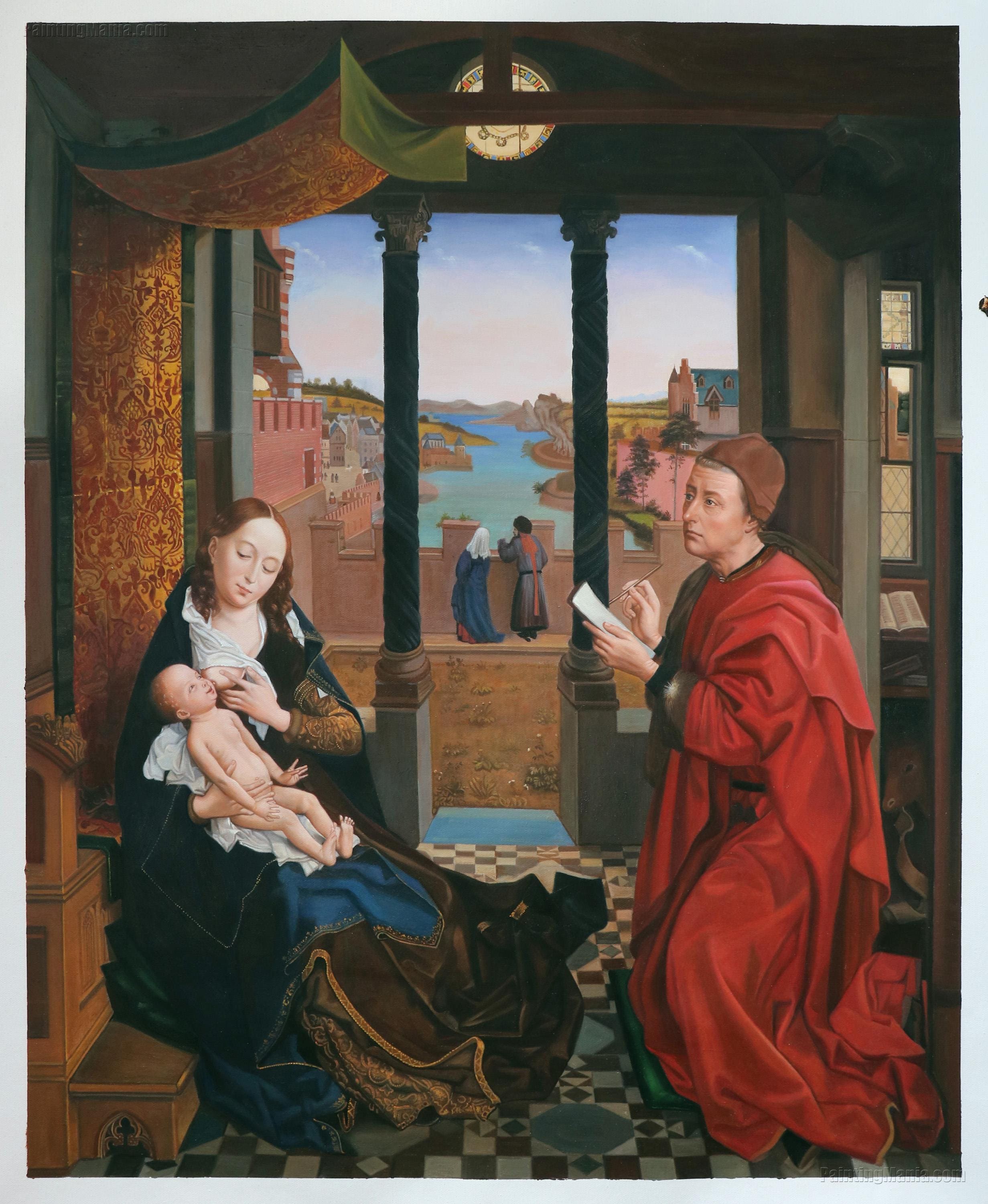Saint Luke Drawing the Virgin - Rogier van der Weyden hand-painted oil painting reproduction, Virgin Mary as she nurses the Child Jesus art