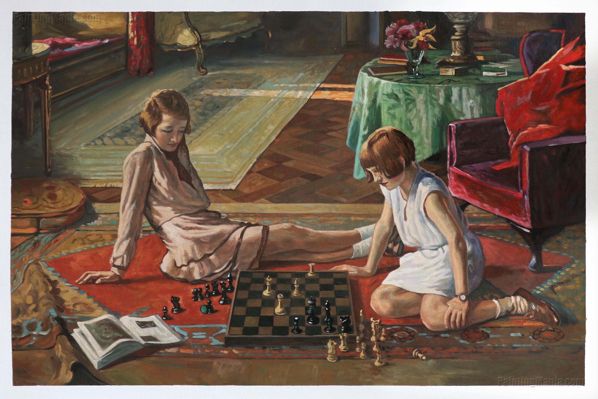 Oil painting of a grand chess match outside a school