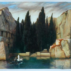 Ilha dos Mortos (Toteninsel) - Réplica de pintura a óleo de Arnold Böcklin, representando uma ilhota rochosa e desolada vista através de uma imensidão de água escura.