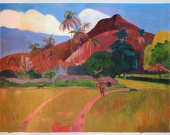 タヒチの山々 - ポール・ゴーギャンの手描きの油絵、草原の風景、贅沢