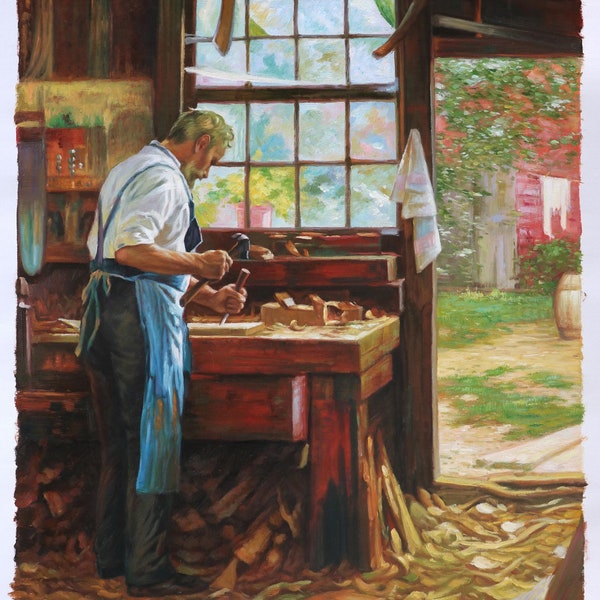 The Village Carpenter - Edward Henry Potthast hand-painted oil painting reproduction,portrait of woodworker at work,studio large wall decor