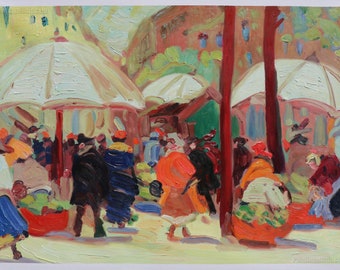 Flea Market in Munich - Max Liebermann hand-painted oil painting reproduction,Green Outdoor Tent,figure in cityscape,dinning room wall art
