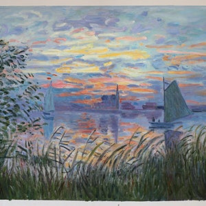 Marine View with a Sunset - Claude Monet hand-painted oil painting reproduction,sailboats on river twilight,living room large wall art decor