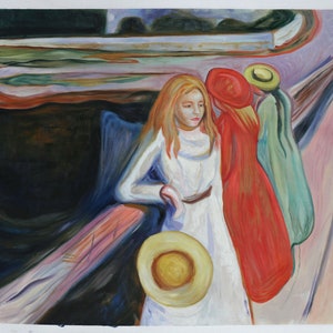 May include: A painting depicting three figures in a landscape setting. The figures are women, two wearing hats and one with long blonde hair. The painting is executed in a style reminiscent of Edvard Munch's "The Scream", with swirling lines and vibrant colours.