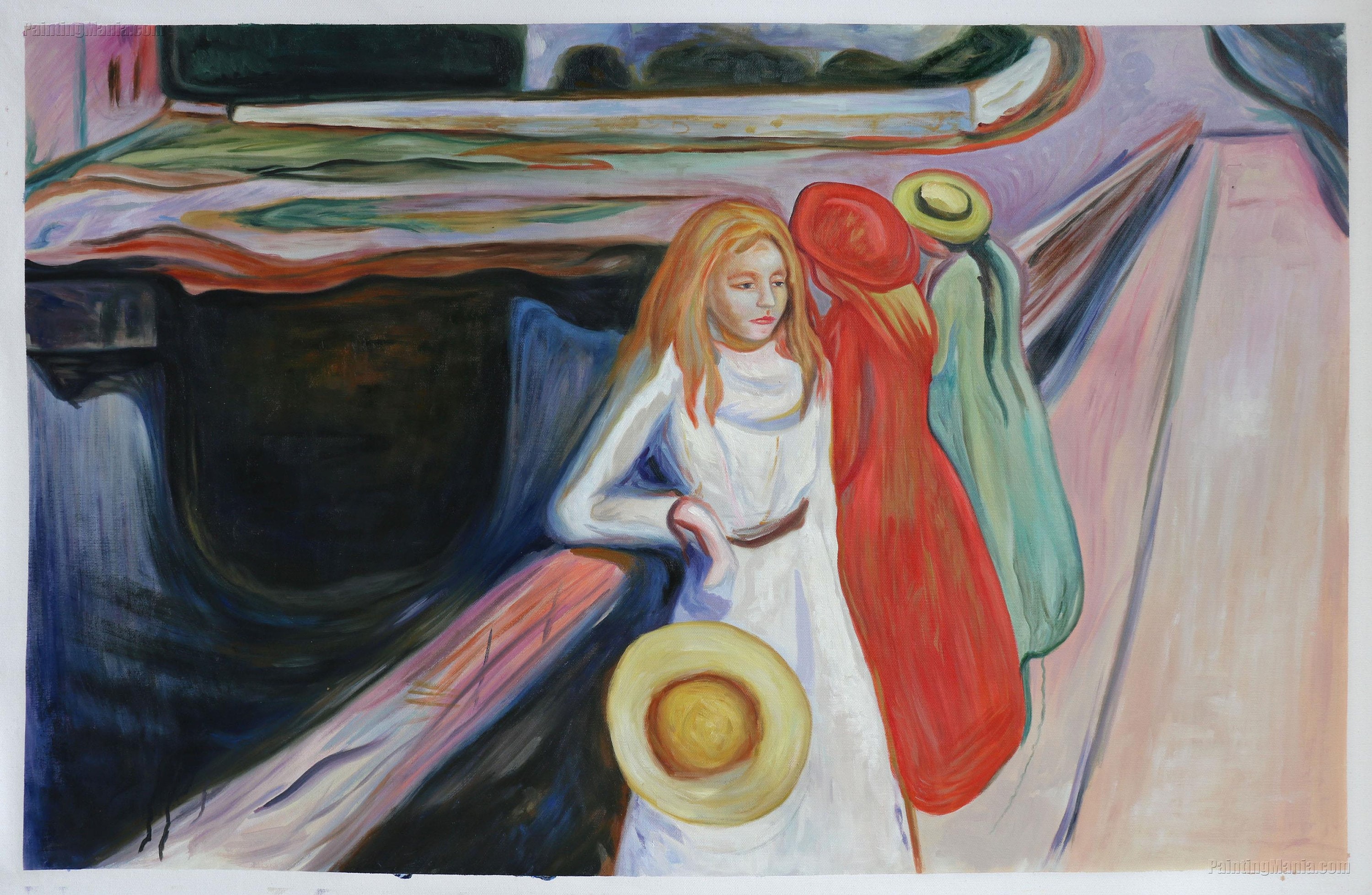 橋の上の3人の少女 - エドヴァルド・ムンク手描きの油絵のレプリカ、川