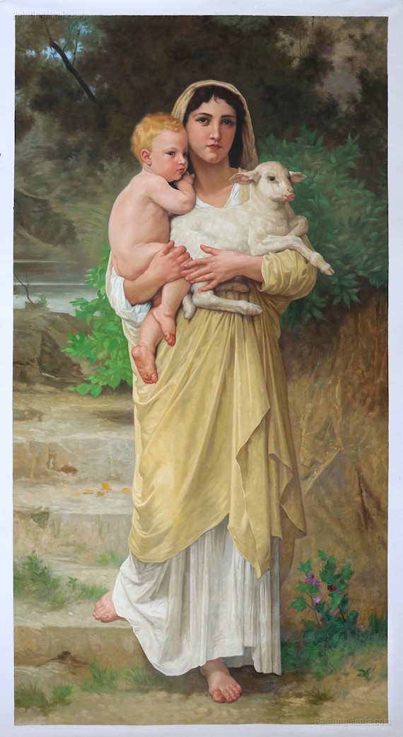 子羊 - ウィリアム・アドルフ・ブグローの手描き油絵のレプリカ、聖母