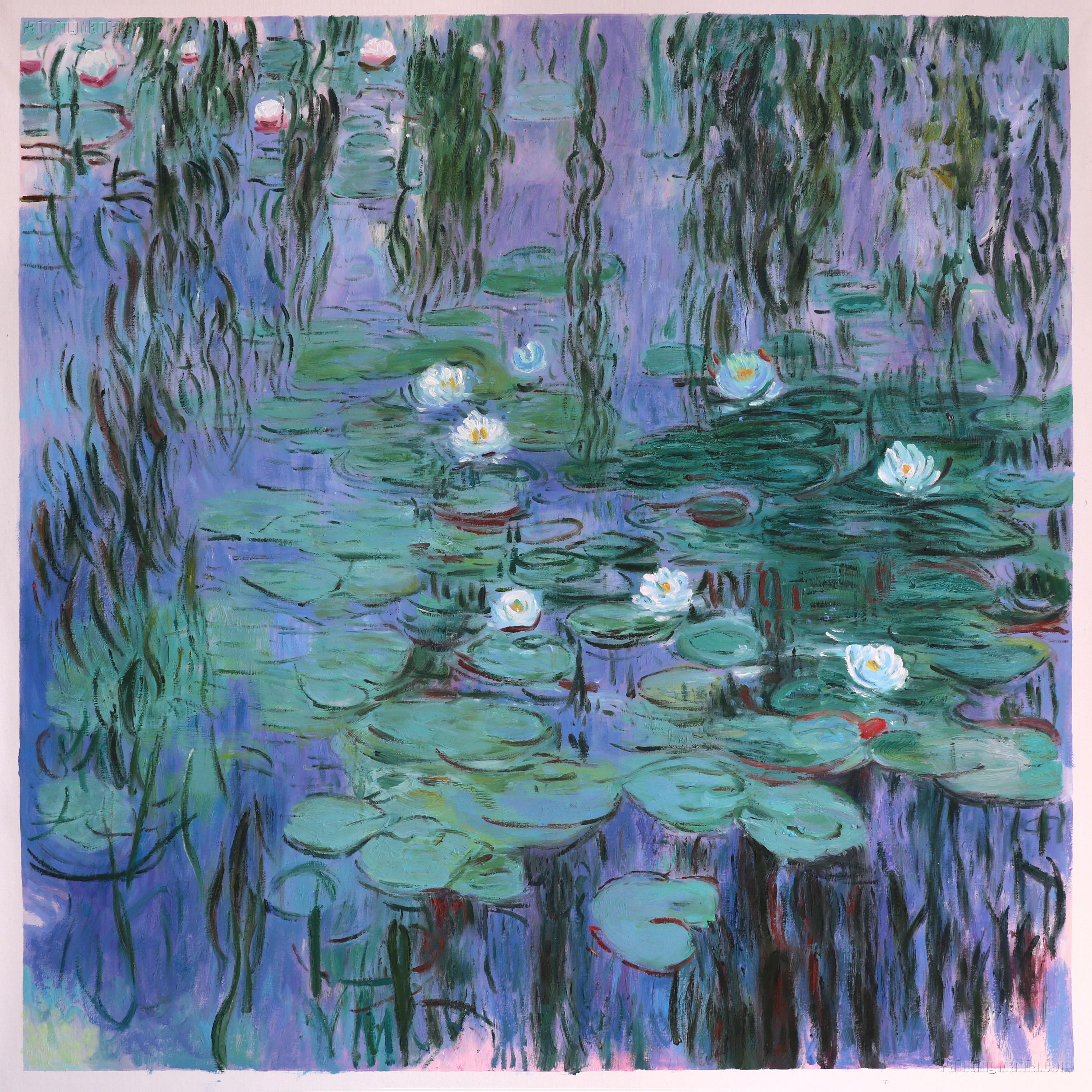 青い睡蓮 - クロード・モネの手描きの油絵のレプリカ、夜に
