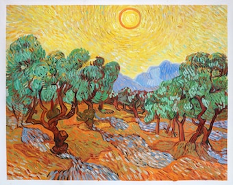 Olivenbäume mit gelbem Himmel und Sonne - Vincent van Gogh