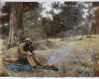 Down on His Luck - Frederick McCubbin hand-painted oil painting reproduction, A man sitting by a campfire sadly brooding over his misfortune