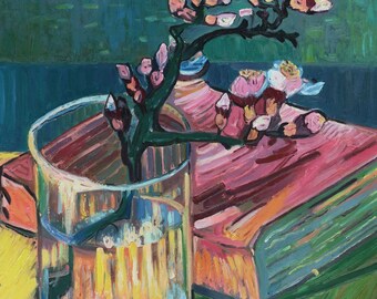 グラスに咲くアーモンドの枝と本 - フィンセント・ファン・ゴッホの