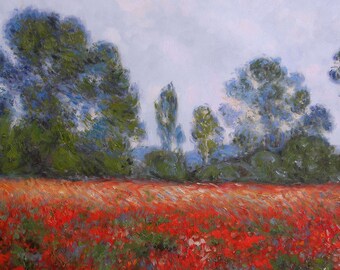 ポピー畑、ジヴェルニー - クロード・モネの手描き油絵複製