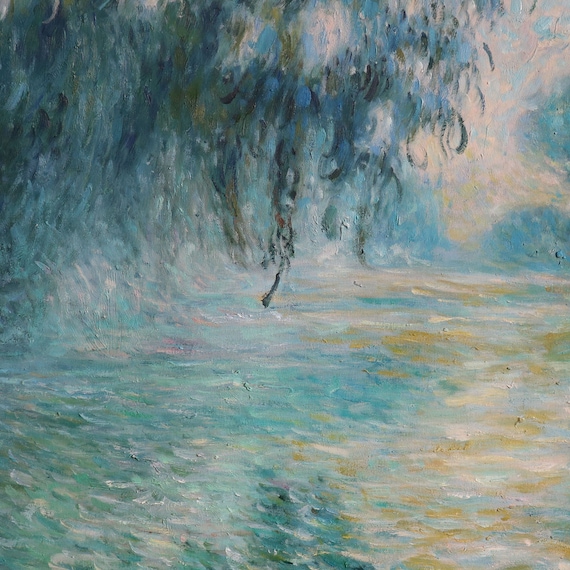 クロード・モネ 油彩画 手描き 貴重 作者サイン 雨のセーヌ川の朝 - クロード・モネの手描き油絵複製、川の風景