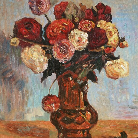 銅の花瓶のダリア - ポール・ゴーギャン手描きの油絵複製、静物画の