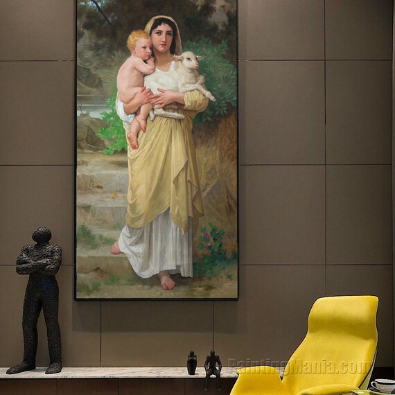 子羊 - ウィリアム・アドルフ・ブグローの手描き油絵のレプリカ、聖母