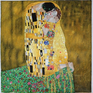 The Kiss Gustav Klimt hand-painted oil painting,Art Nouveau style,couple embracing on flowery meadow,living room large wall art In Stock image 1