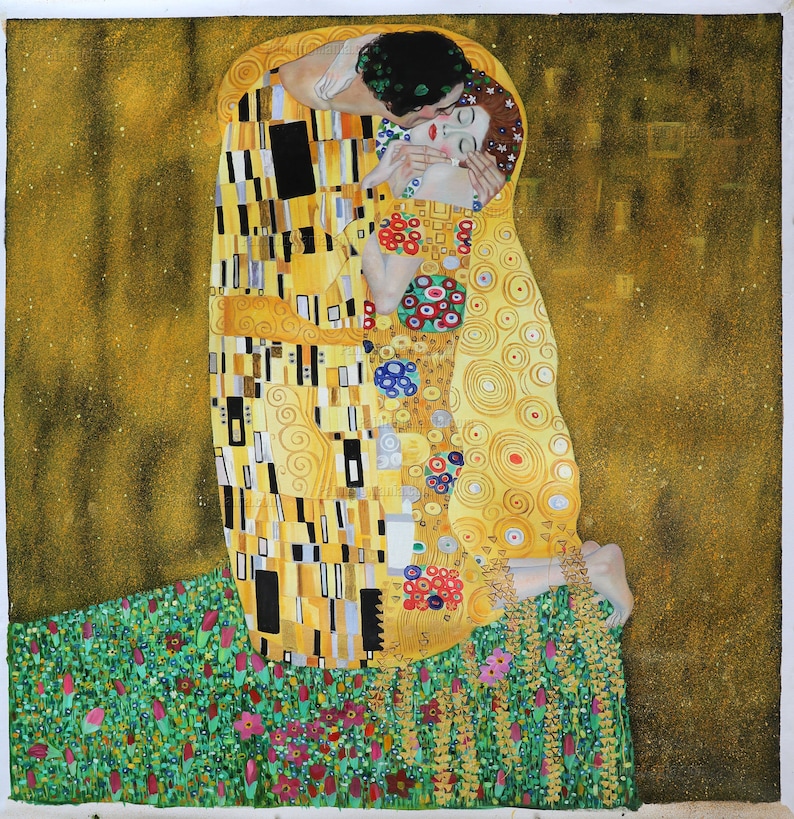 The Kiss Gustav Klimt hand-painted oil painting,Art Nouveau style,couple embracing on flowery meadow,living room large wall art In Stock image 1