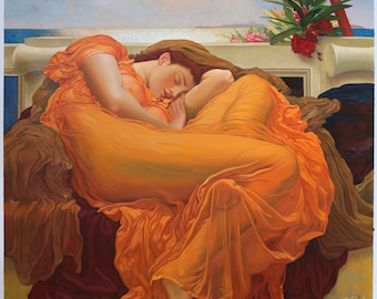 Flaming June - Frederic Lord Leighton reproducción de pintura al óleo pintada a mano, Retrato de ninfa dormida, arte de pose sinuosa de mujer hermosa