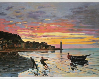 Hauling a Boat Ashore, Honfleur - Claude Monet hand-painted oil painting reproduction,beaching boat,sunset seashore landscape,home decor art