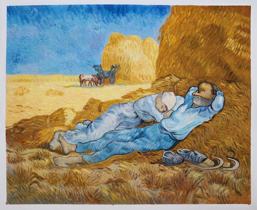 手書き油絵 ゴッホ 昼 仕事の間の休憩 額付 絵画 インテリア 油彩画 正午:仕事の休憩(ミレーに倣って) - ヴィンセント・ヴァン