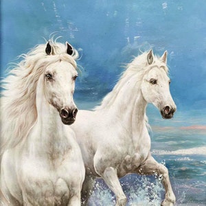 Dos caballos blancos galopando a lo largo de la playa del mar pintura al óleo original pintada a mano de alta calidad, paisaje vibrante, sala de estar arte de pared grande imagen 1