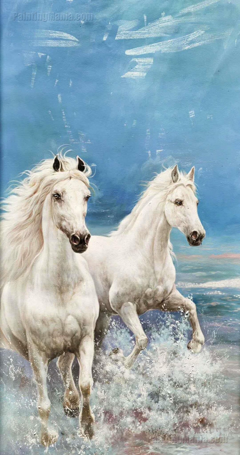 Dos caballos blancos galopando a lo largo de la playa del mar pintura al óleo original pintada a mano de alta calidad, paisaje vibrante, sala de estar arte de pared grande imagen 1