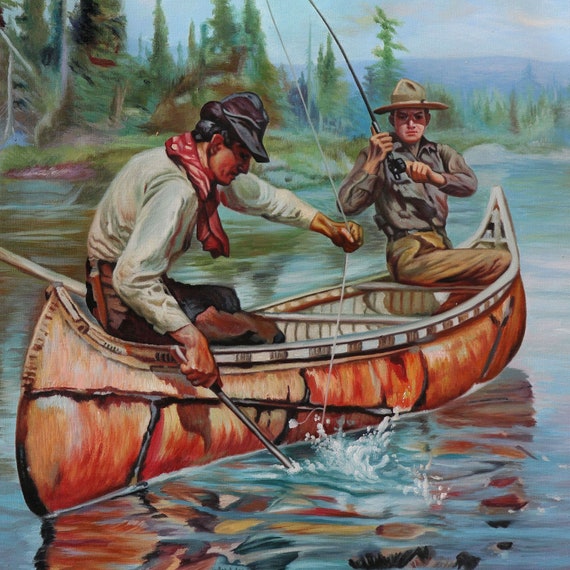Two Fishermen in a Birch Canoe Philip Goodwin Hand-painted Oil Painting  Reproduction,two Men on Boat Fishing on River,dinning Room Decor -   Canada