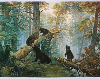 Morning in a Pine Forest - Ivan Shishkin hand-painted oil painting reproduction,living room large wall art decor,bears in sunlight woodland