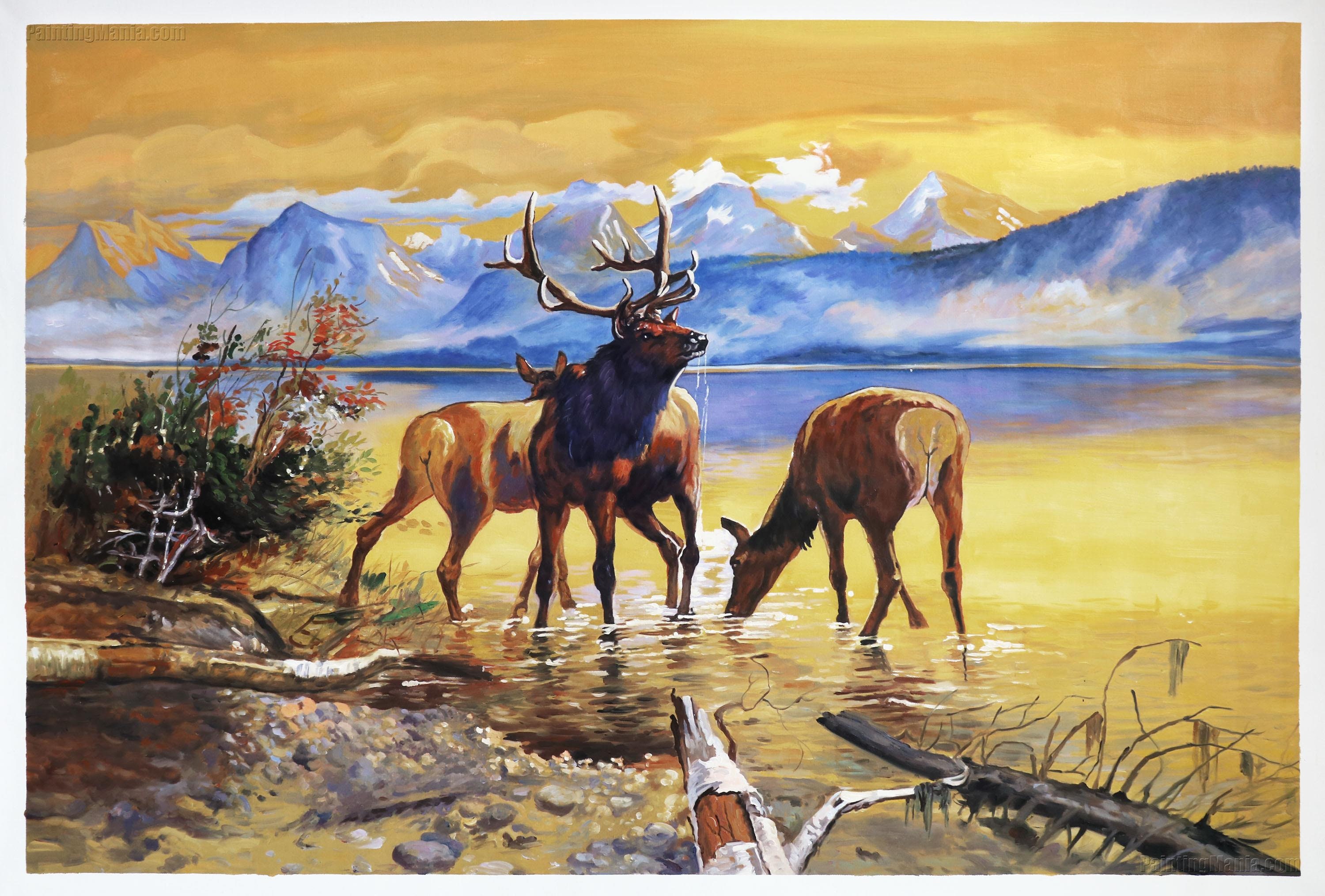 Elk in Lake Mcdonald - Charles Russell Hand-painted Oil Painting
