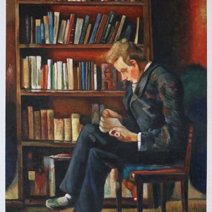 Andreas Reading - Edvard Munch handgemalte Ölgemälde Reproduktion, junger Mann in seinem Arbeitszimmer Lesen eines Buches, Holzstuhl von Bücherregale Kunst