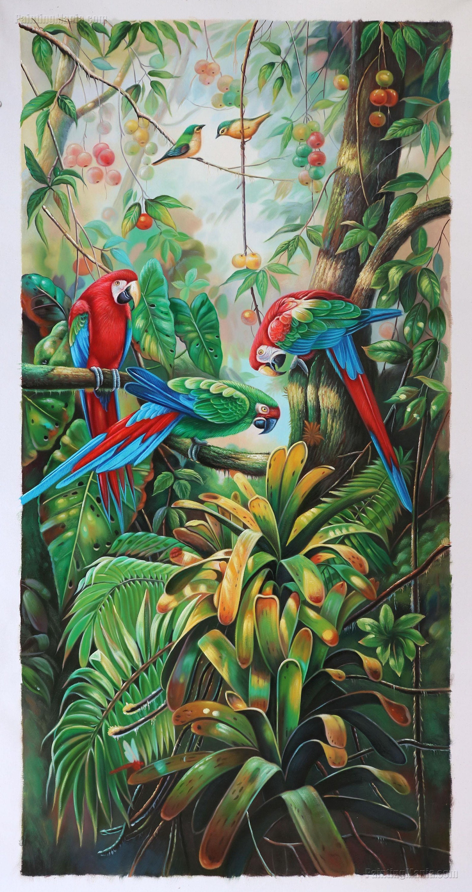 ジャングルの沼地の果樹の中の美しい野生のオウム - 高品質の手描きの