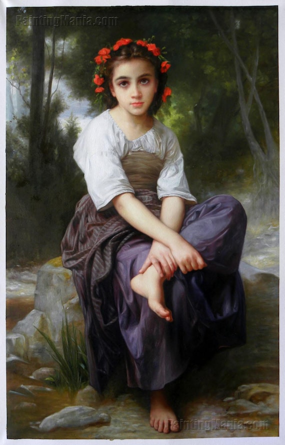 小川のほとりで - ウィリアム・ブグローの手描き油絵複製、花輪を持っ
