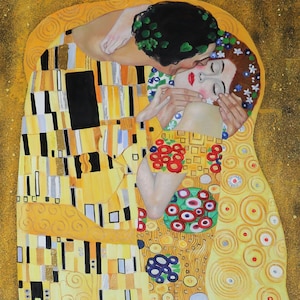 The Kiss Gustav Klimt hand-painted oil painting,Art Nouveau style,couple embracing on flowery meadow,living room large wall art In Stock image 3