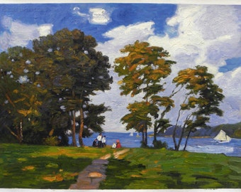 Landschaft am Ufer (Das Picknick) - Edward Potthast handgemaltes Ölgemälde Reproduktion, Familie am Strand, Wohnzimmer Wandkunst Leinwand