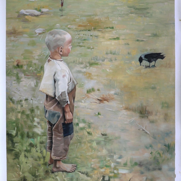 Boy with a Crow - Akseli Gallen-Kallela hand-painted oil painting reproduction,peasant boy figure in meadow landscape,kids room wall artwork