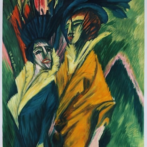 Two Women in the Street - Ernst Ludwig Kirchner hand-painted oil painting reproduction, portrait of girls walking with bright clothing art