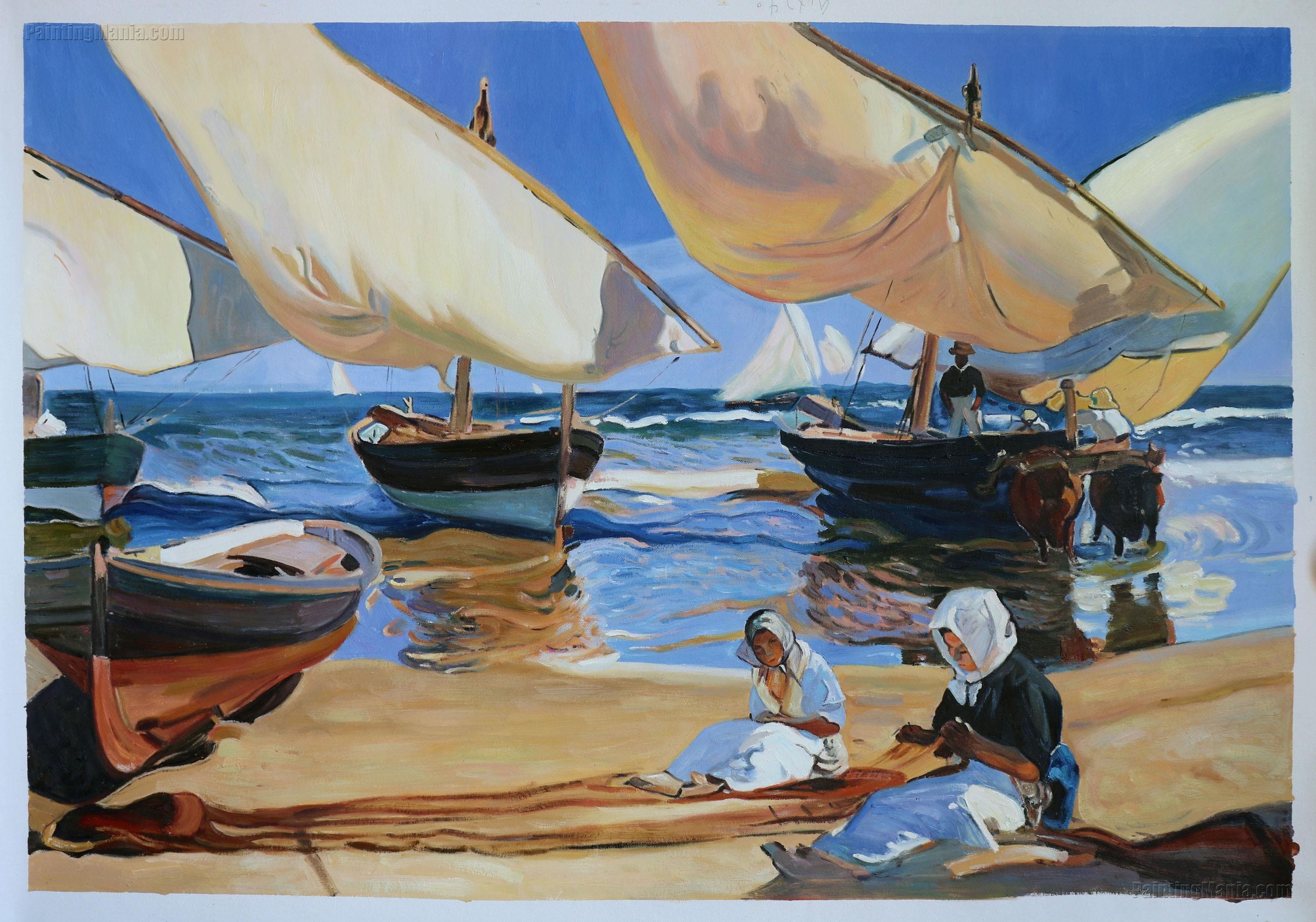 von Fischernetze, handbemalt Joaquin Frauen Sorolla Replik, Strand y Bastida Ölgemälde Seesegelboote Valencia Reparatur Am