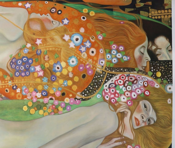 水蛇 II - グスタフ・クリムトの手描き油絵複製、花の髪の裸の