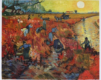 The Red Vineyards near Arles - Vincent van Gogh hand-painted oil painting reproduction,a group of harvesters working in fields during sunset