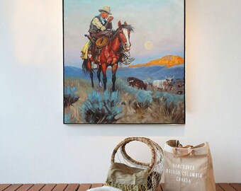 【真作】絵画　油彩　夕暮れのカウボーイと馬　牧場風景　ウエスタンアート　Y183 真作】絵画 油彩 夕暮れのカウボーイと馬 牧場風景 ウエスタンアート