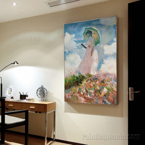 左向きの日傘をさす女性 - クロード・モネの手描きの油絵の複製、日光