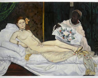 Olympia - Edouard Manet hand-painted oil painting reproduction, nude white woman reclining, black servant,bedroom wall art decoration canvas