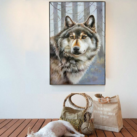 冬、オオカミ - 高品質の100％手描きの油絵、野生動物の壁アート