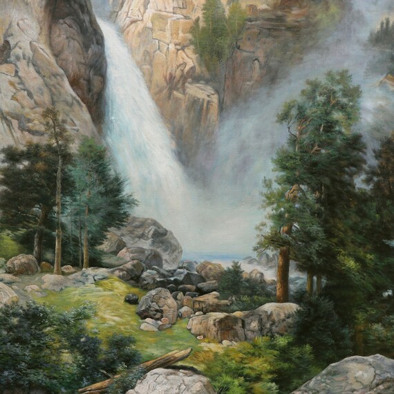 絵画 Mountain waterfall Cascade Falls, Yosemite - Thomas Moran Hand-painted Oil Painting