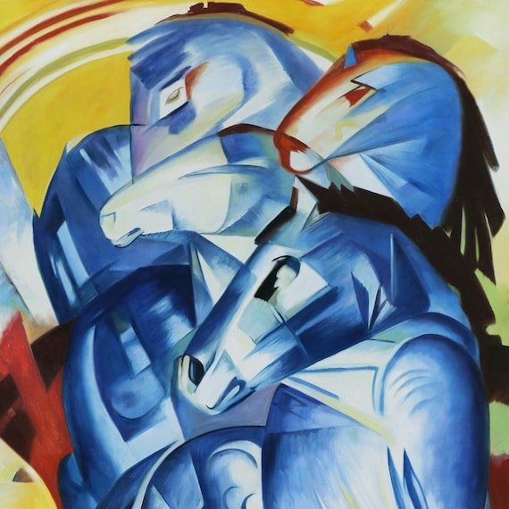 青い馬の塔 - フランツ・マルクの手描きの油絵の複製、抽象的な岩、虹