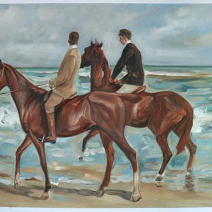浜辺の二人の騎手 - マックス・リーバーマンの手描き油絵複製、オランダの海岸で馬に乗る騎手