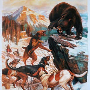 Cani, segugi e scena di orso - Riproduzione di un dipinto a olio dipinto a mano da Philip Goodwin, Cowboy, animali, paesaggio invernale innevato del Nord America occidentale