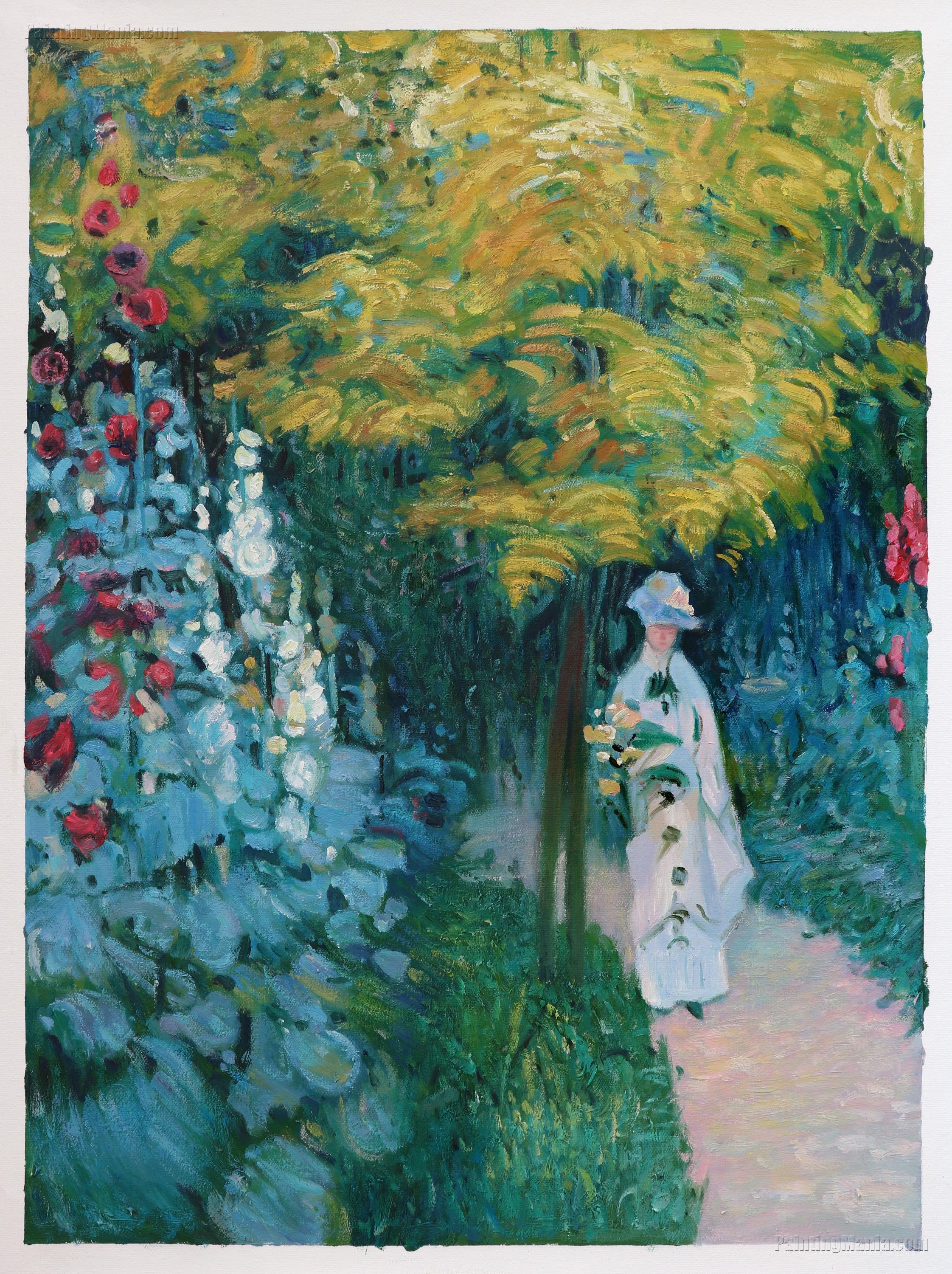 庭、タチアオイ - クロード・モネの手描き油絵複製、花束を持っ